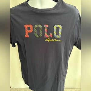 Ralph Lauren Black Tee with Multicolor Striped POLO Graphic